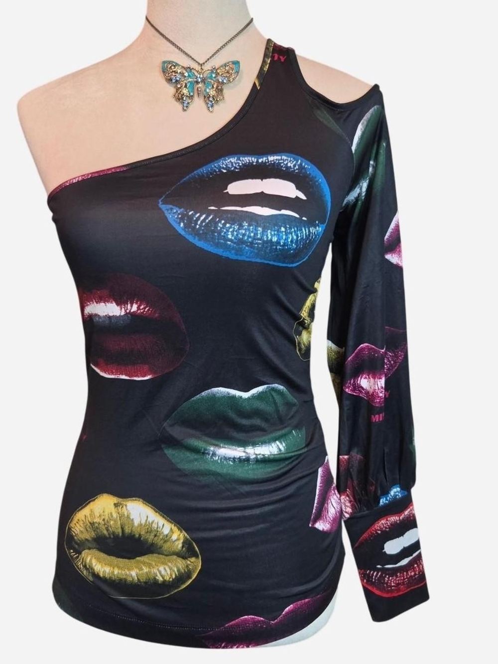 Archival Y2K Miss Sixty Lip Print One-Shoulder Asymmetric Top Xs